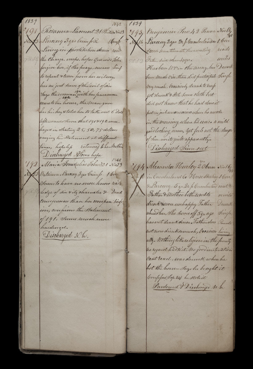 Warden's Logbook 1839, Prisoners 191-194 by Eric T. Kunsman  Image: ID: A black and white image shows an open log book with cursive writing.