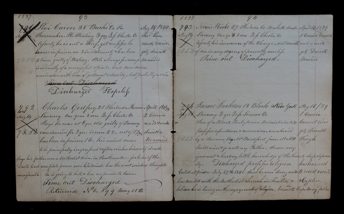 Warden's Logbook 1837, Page 93-94 by Eric T. Kunsman  Image: ID: A black and white image shows an open log book with cursive writing.
