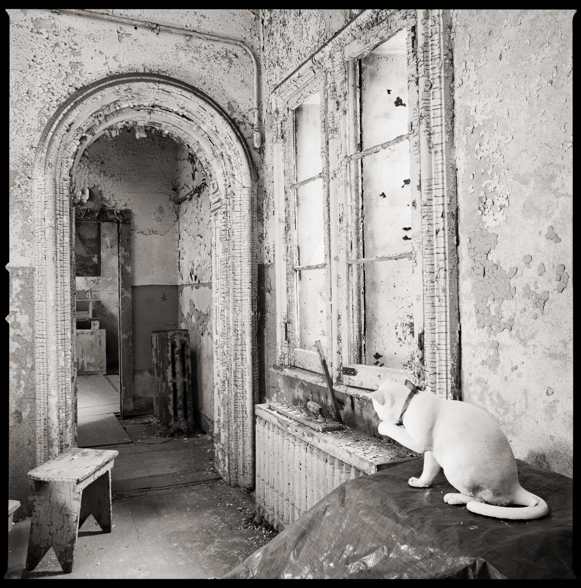 Chaplain's Office by Eric T. Kunsman  Image: ID: A black and white image shows two rooms partitioned by a curved entranceway.  In the first room, there are two windows against the right wall.  There is a cat statue on a desk in the foreground.  There is a seat to the left of the entrance to the second room.  There is a radiator in the second room against the wall.