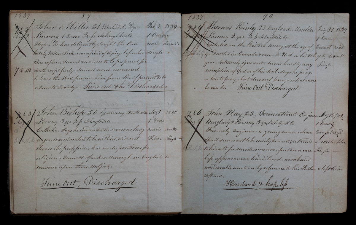 Warden's Logbook 1837, Page 89-90 by Eric T. Kunsman  Image: ID: A black and white image shows an open log book with cursive writing.