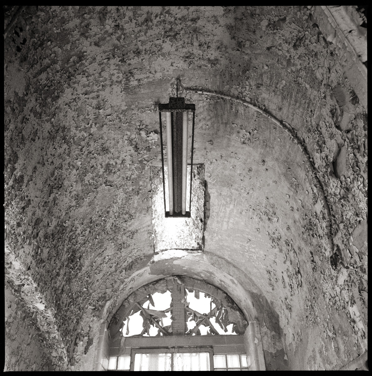 Untitled by Eric T. Kunsman  Image: ID: A black and white image shows a view of the ceiling.  It is curved with a rectangular light fixture.  The back wall is just a large window.
