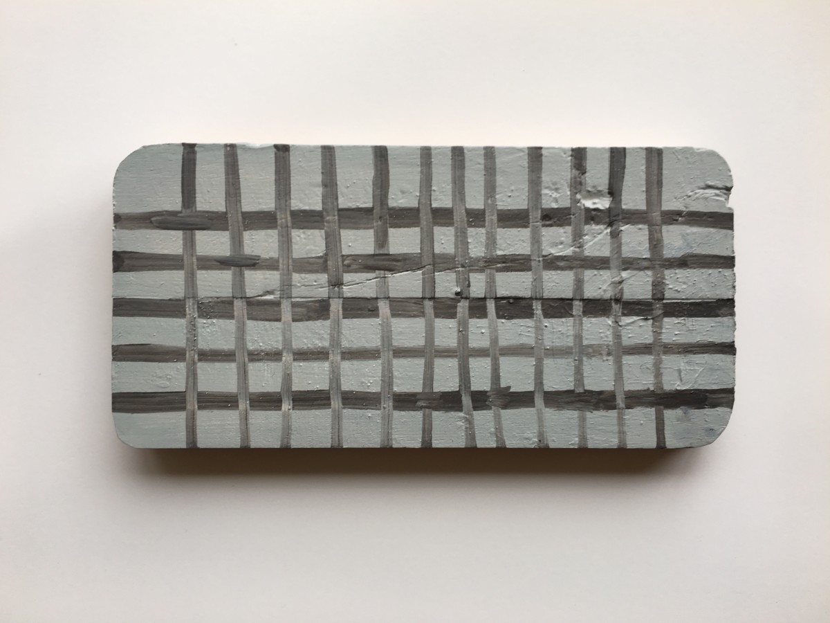Plaid or grid over found wood shape gray over gray by MaryAnn Puls 