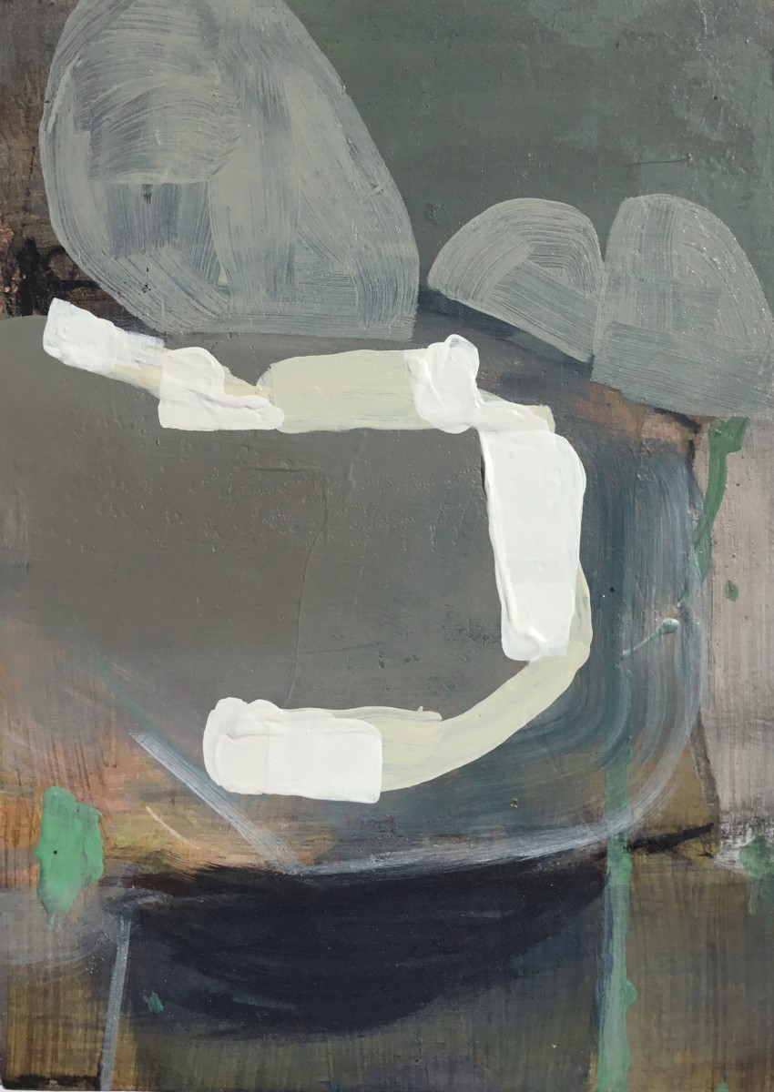 Mostly gray painting with meandering white shape by MaryAnn Puls 