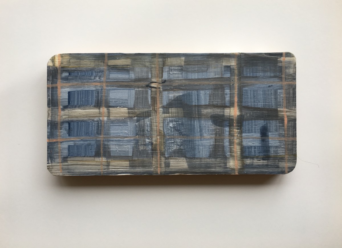 Plaid or grid over found wood shape - medium blue, tan, light peach by MaryAnn Puls 