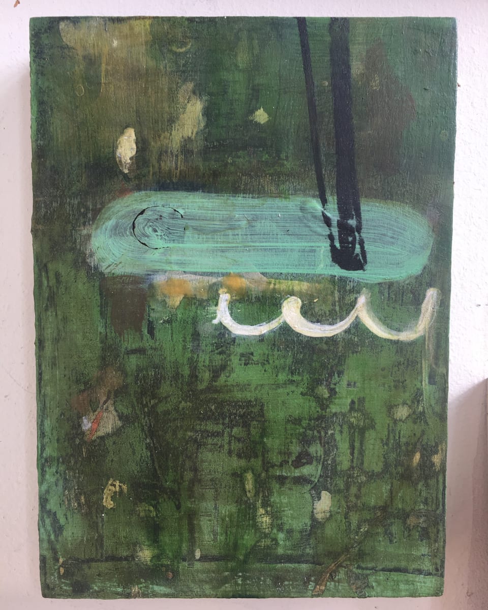 Small green painting with horizontal capsule shape 