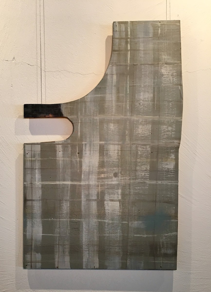 Wood shape with horizontal and vertical lines in gray green by MaryAnn Puls 