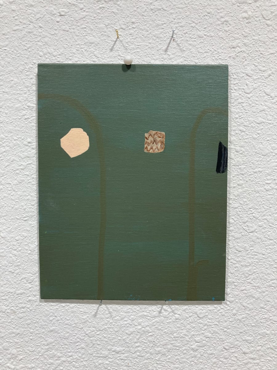 Green painting on canvas board with three shapes by MaryAnn Puls 