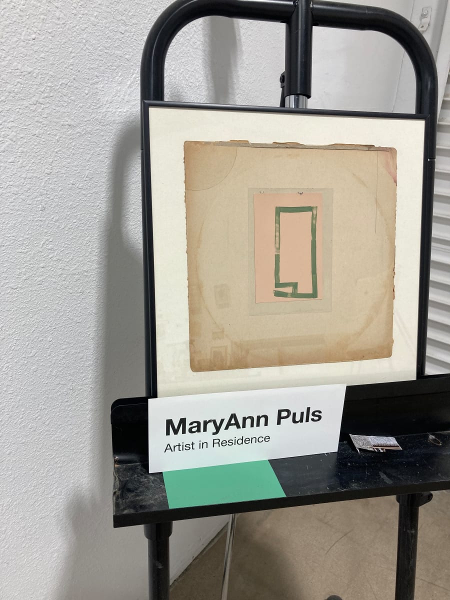 Square assemblage with small green drawing by MaryAnn Puls 