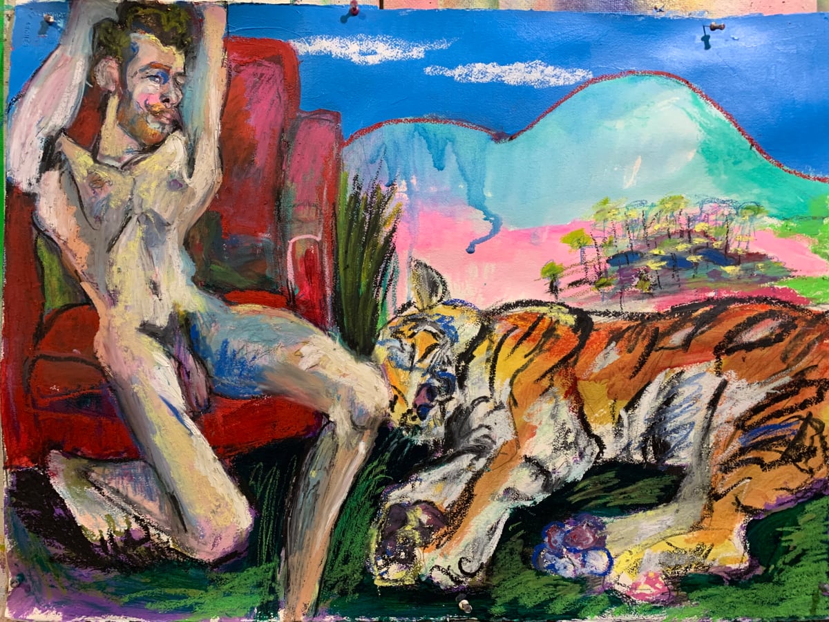 Madison on lounge chair with tiger in a serene landscape 