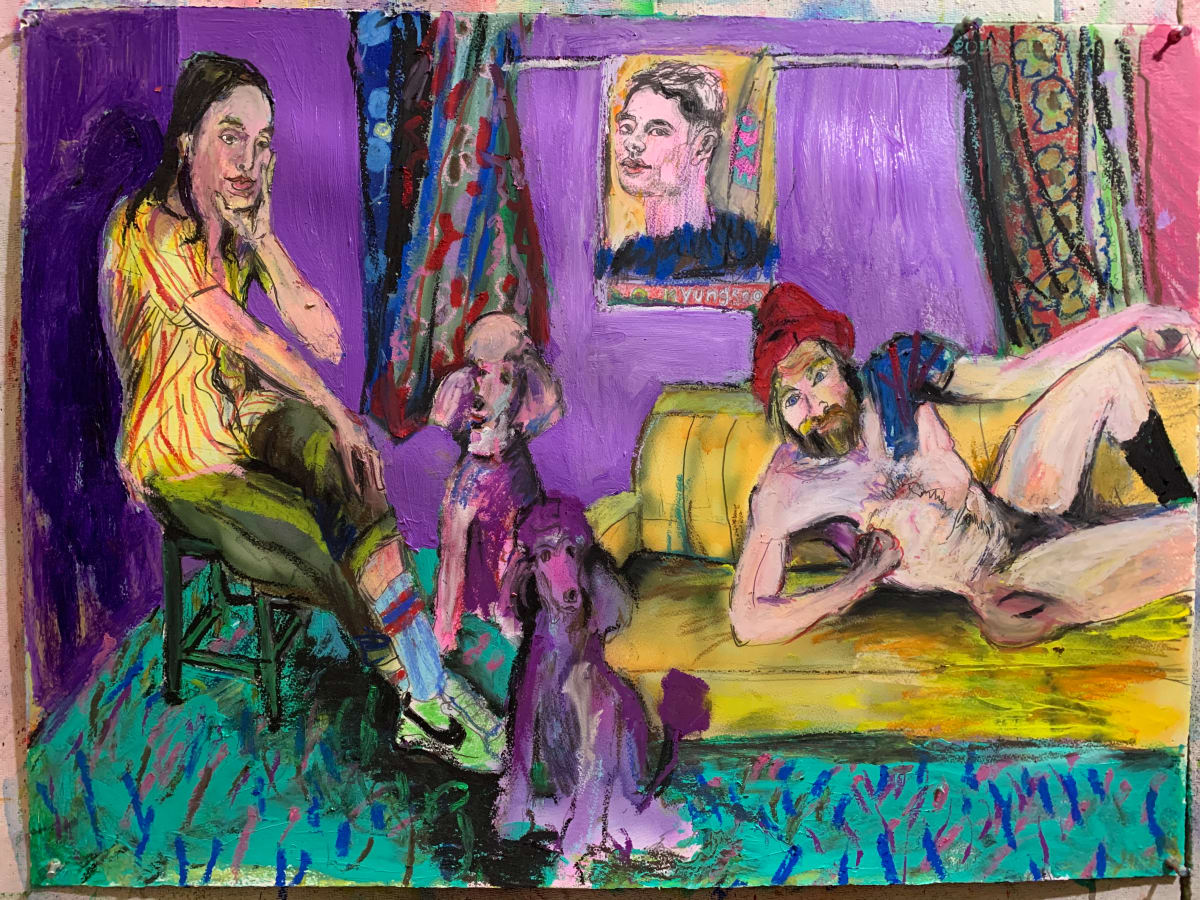 Domestic scene with purple and pink poodles during Covid 