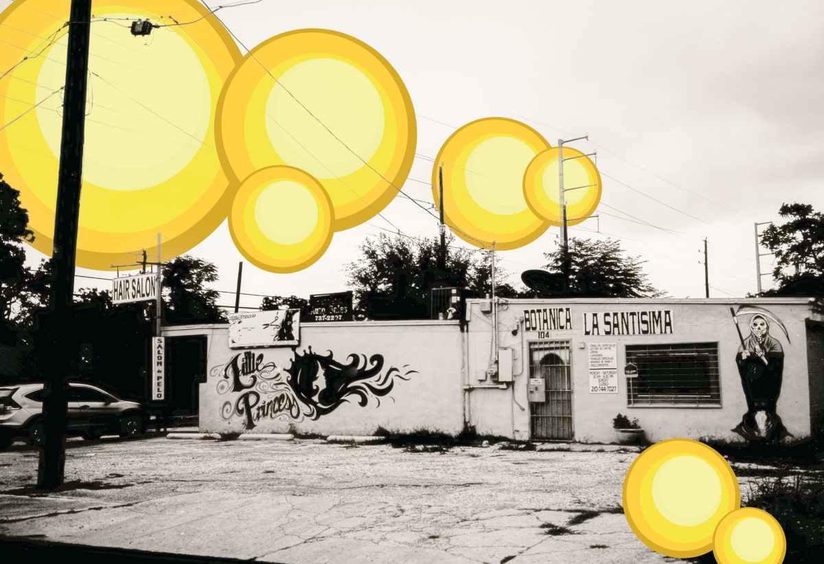 Botanica La Santisima by Miguel Maltos Gonzales  Image: Botanica La Santisima near Little Princess hair salon near Jefferson H.S. Captured on WASHI S 35mm film.