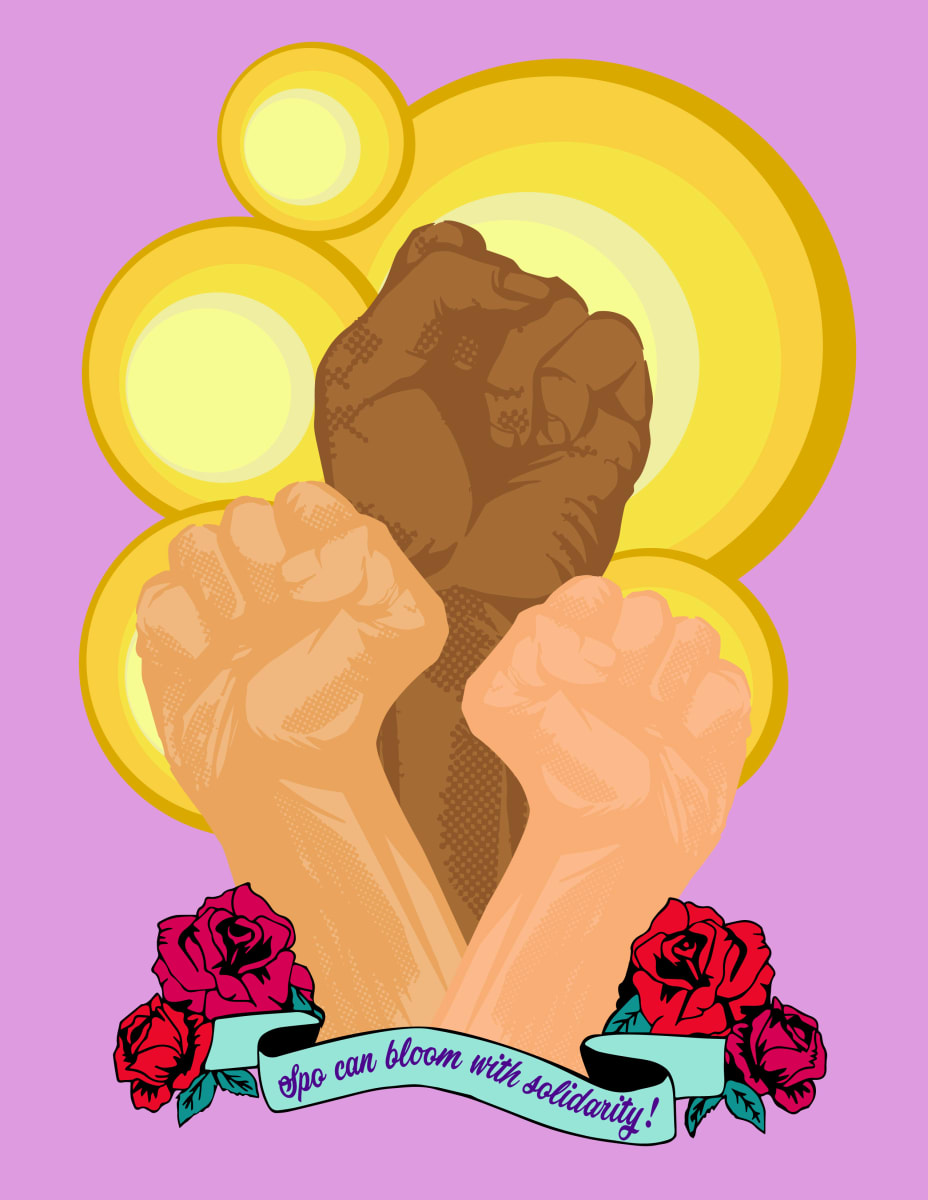 ¡Ensolidaridad! by Miguel Maltos Gonzales  Image: Spo can bloom in solidarity is my statement that Spokane has the potential to embrace diversity over the "safe, "comfortable" and "acceptable" culture in a monocultural community. If you don't get out of your comfort levels, you'll deny yourself a world of experiencing the amazing languages, foods, traditions, music, and more that the people of diversity bring to your neighborhood. 

All online proceeds from the sale of this piece will be donated to the Hispanic Business Professional Associate of Spokane, WA to continue their inclusion programming for the Latine community of eastern Washington. 

HBPA offers social services, supports equity and is a beacon of the Hispanic community and the wider diaspora of gente. Visit hbpaofspokane.org to learn more. (Click the purchase link for size options)
