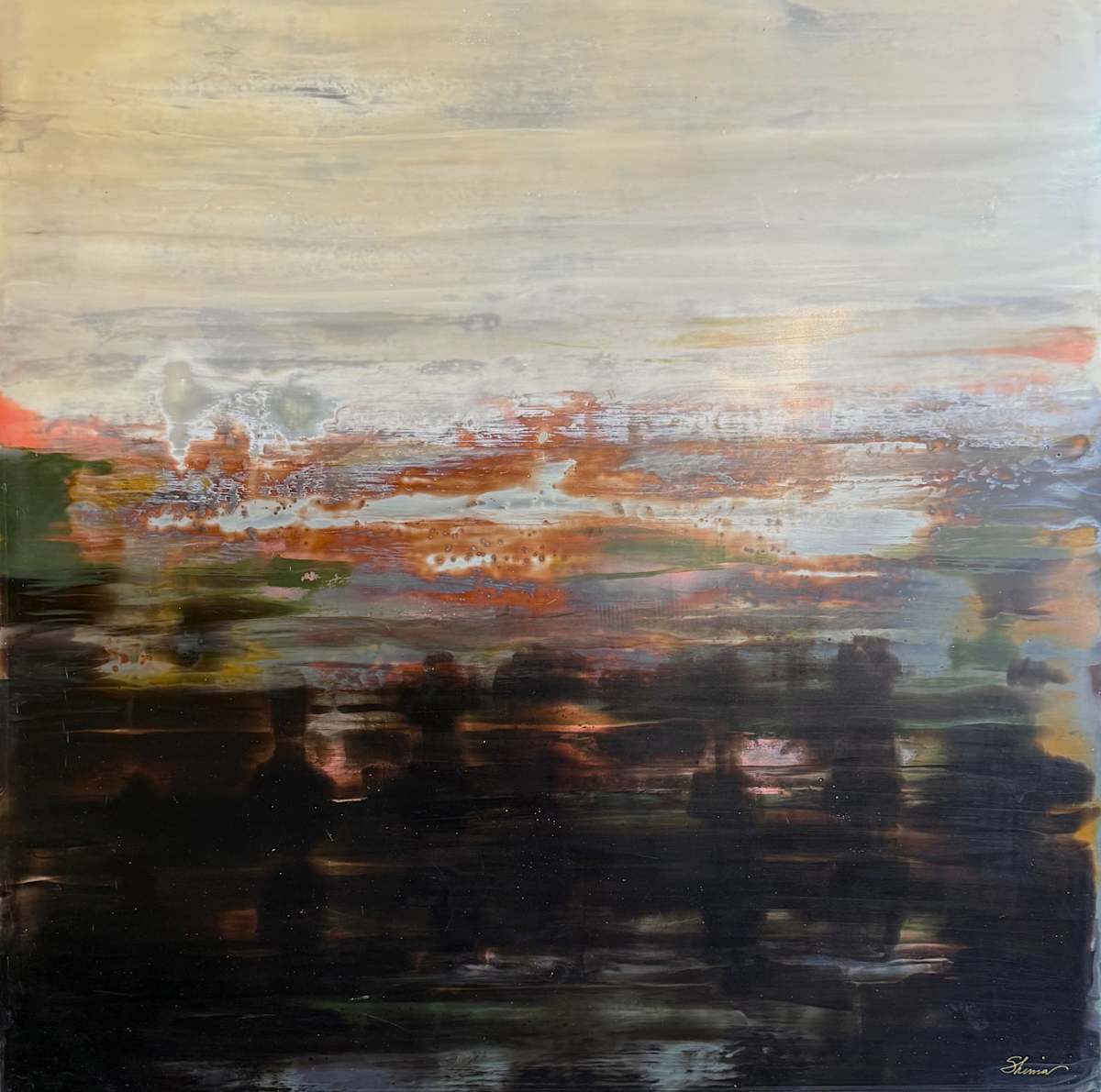 Day Falls Into Night by Shima Shanti  Image: It's dark where I stand, but the sun has not yet set. Canopy of trees bring dusk early. Off on the horizon daylight is still at play. 