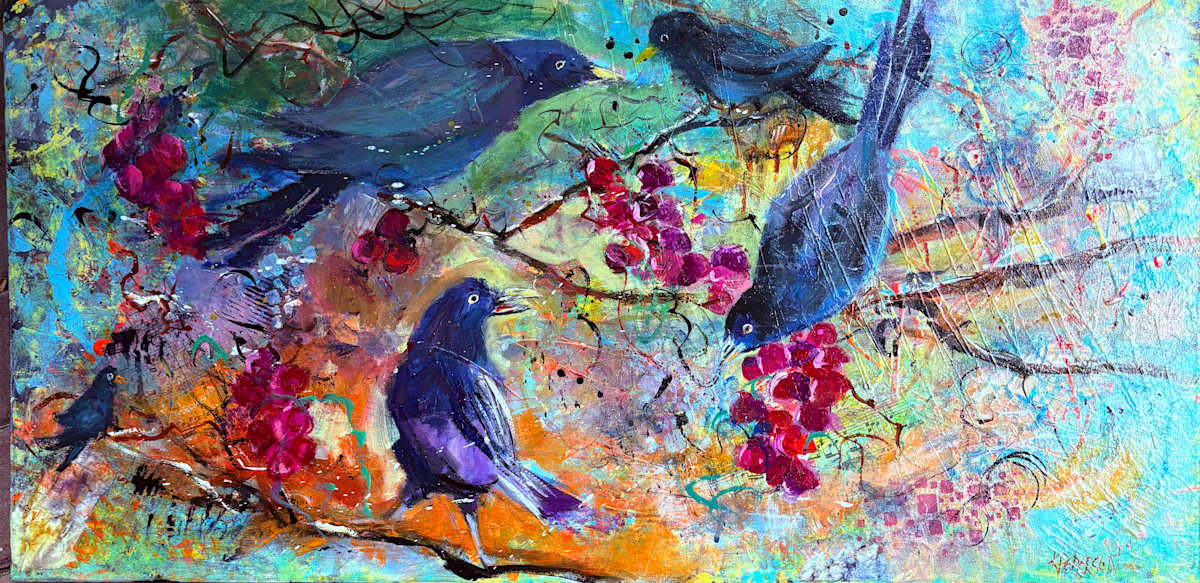 Blackbirds and Berries by karen pedersen 