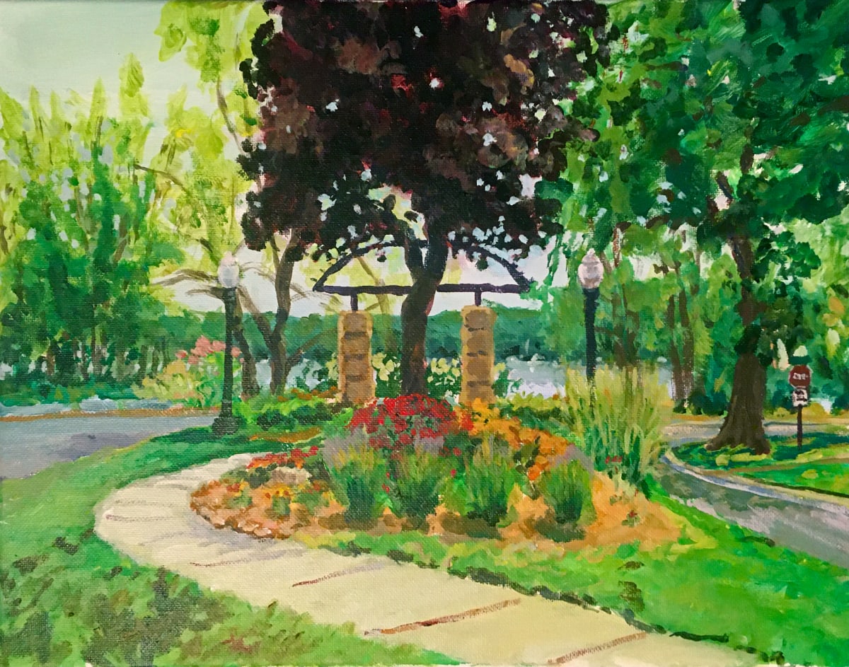 Clark and Lake in WBL by Daniel Hendricksen  Image: Sidewalk garden in the median of the parkway drive at the intersection of Clark and Lake streets in White Bear Lake MN. An iron archway serves as the garden gateway, with the lake visible in the background.