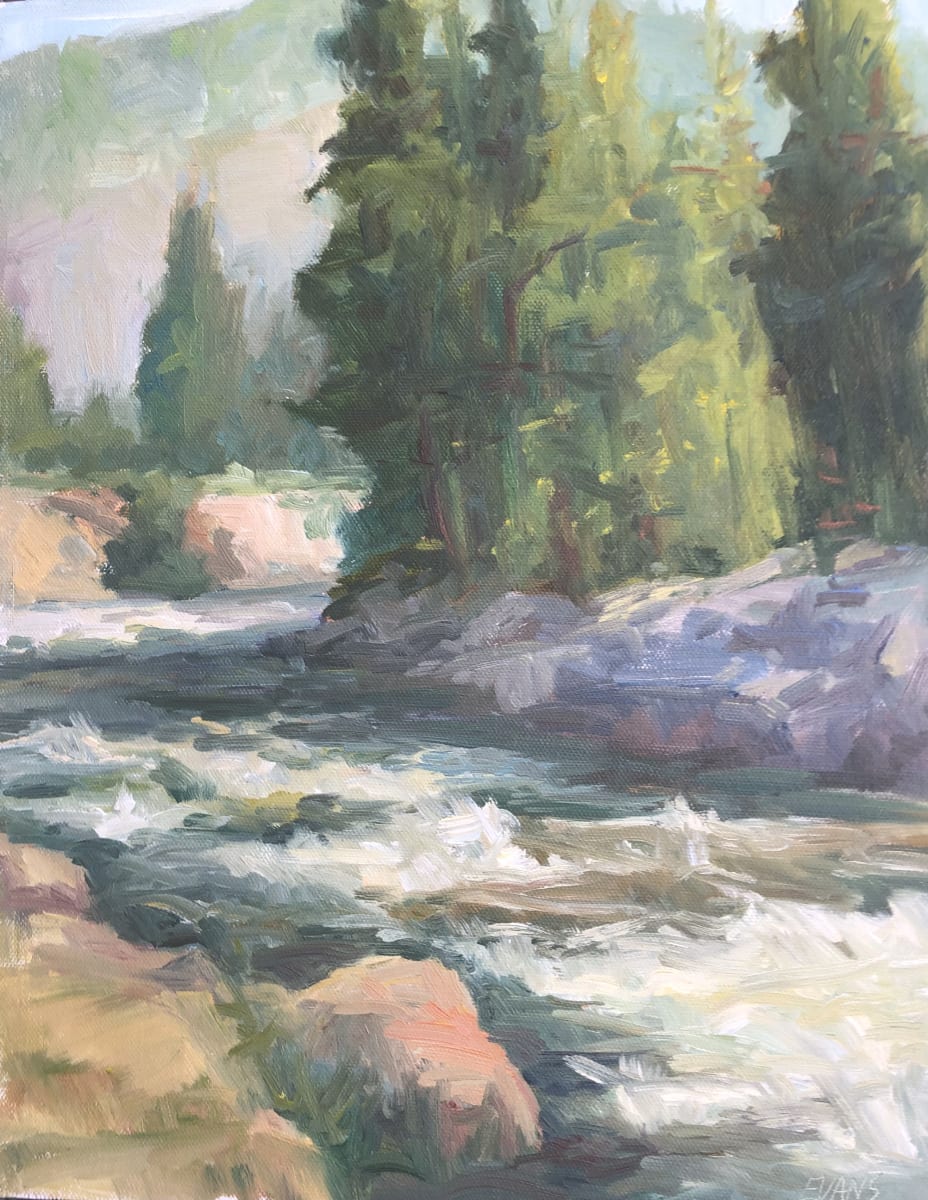 Run Off by Amy Evans  Image: Plein air painting of a roaring stream in the Rocky mountains during the spring runoff.