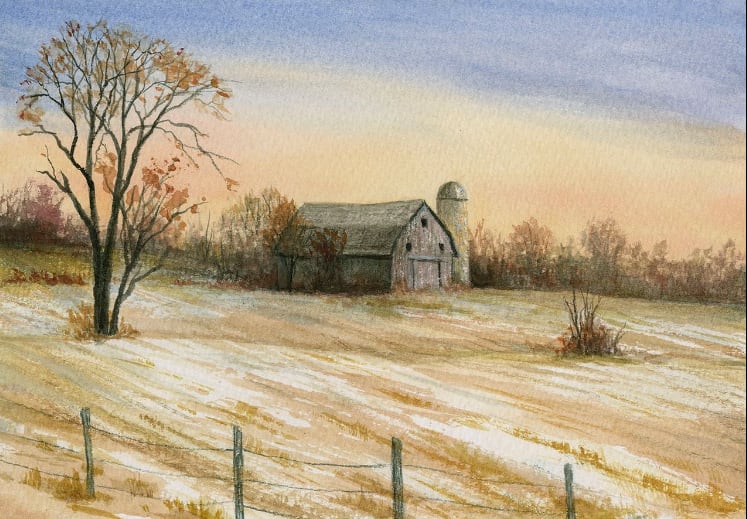 Barn across snowy field by Tarryl Gabel 