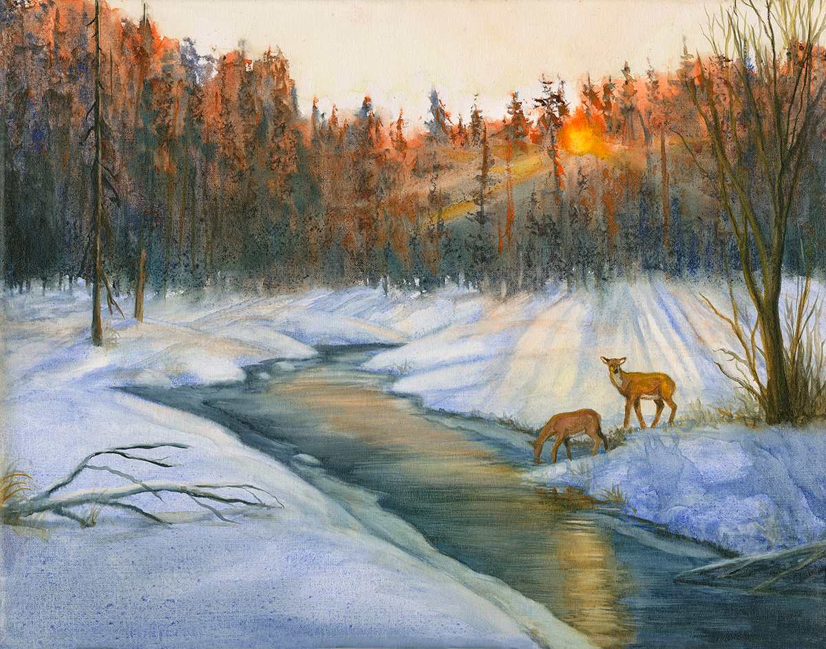 Deer along winter stream by Tarryl Gabel 