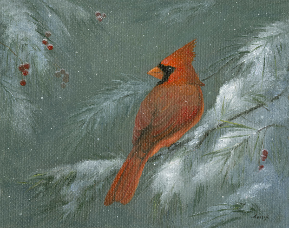 Cardinal on a snow covered branch with berries by Tarryl Gabel 