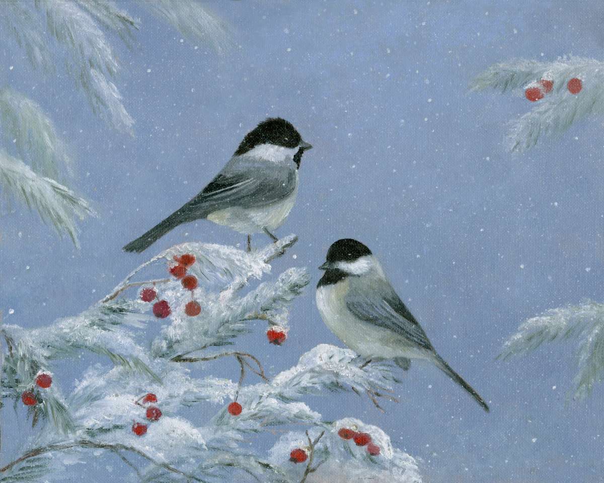 Chickadees in the snow by Tarryl Gabel, Image 1.