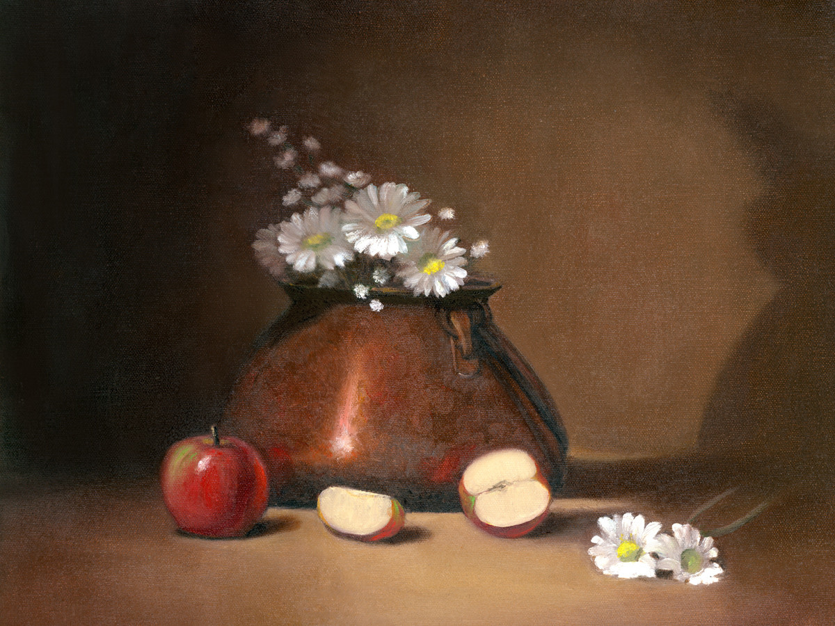 Copper Pot with Apples and Daisies by Tarryl Gabel 