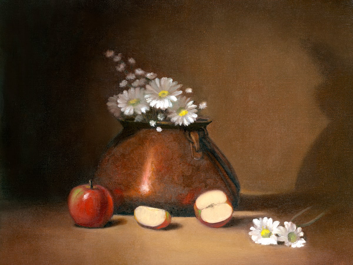 Copper Pot with Apples and Daisies by Tarryl Gabel, Image 1.