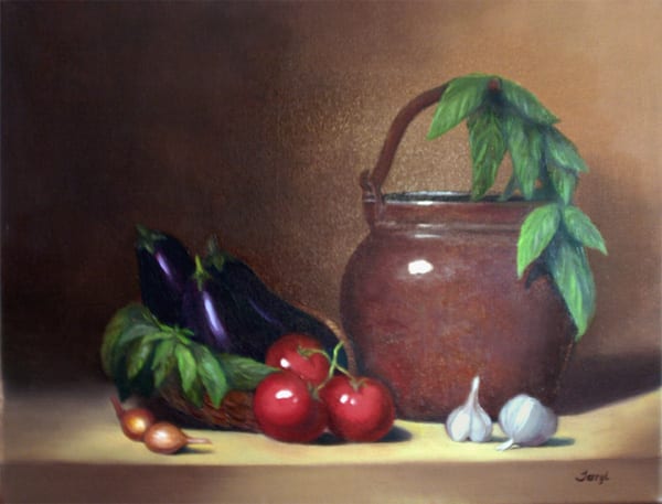 Copper Pot with eggplant, tomatoes & garlic by Tarryl Gabel, Image 1.