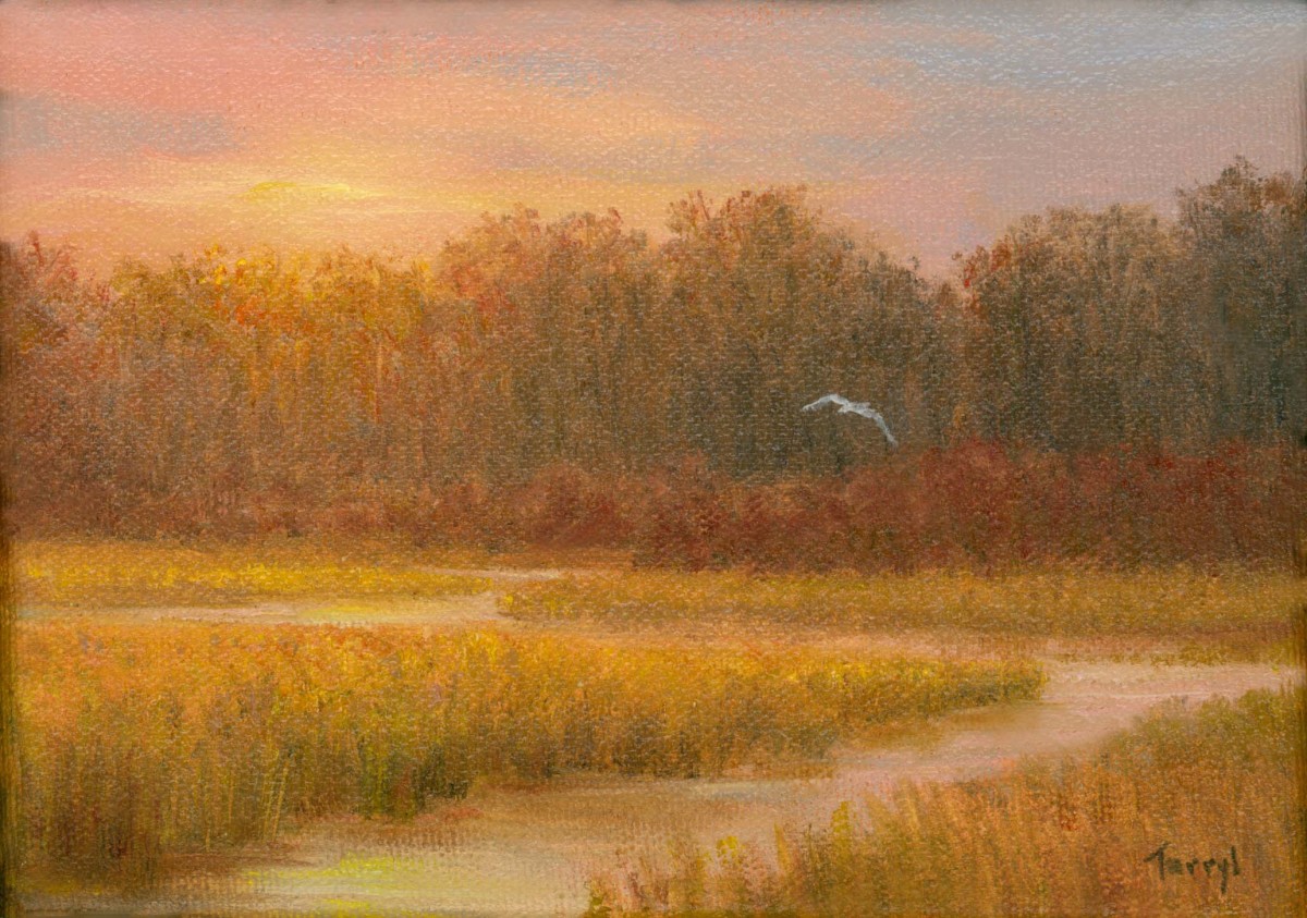 Autumn Sunset-Egret in flight by Tarryl Gabel 