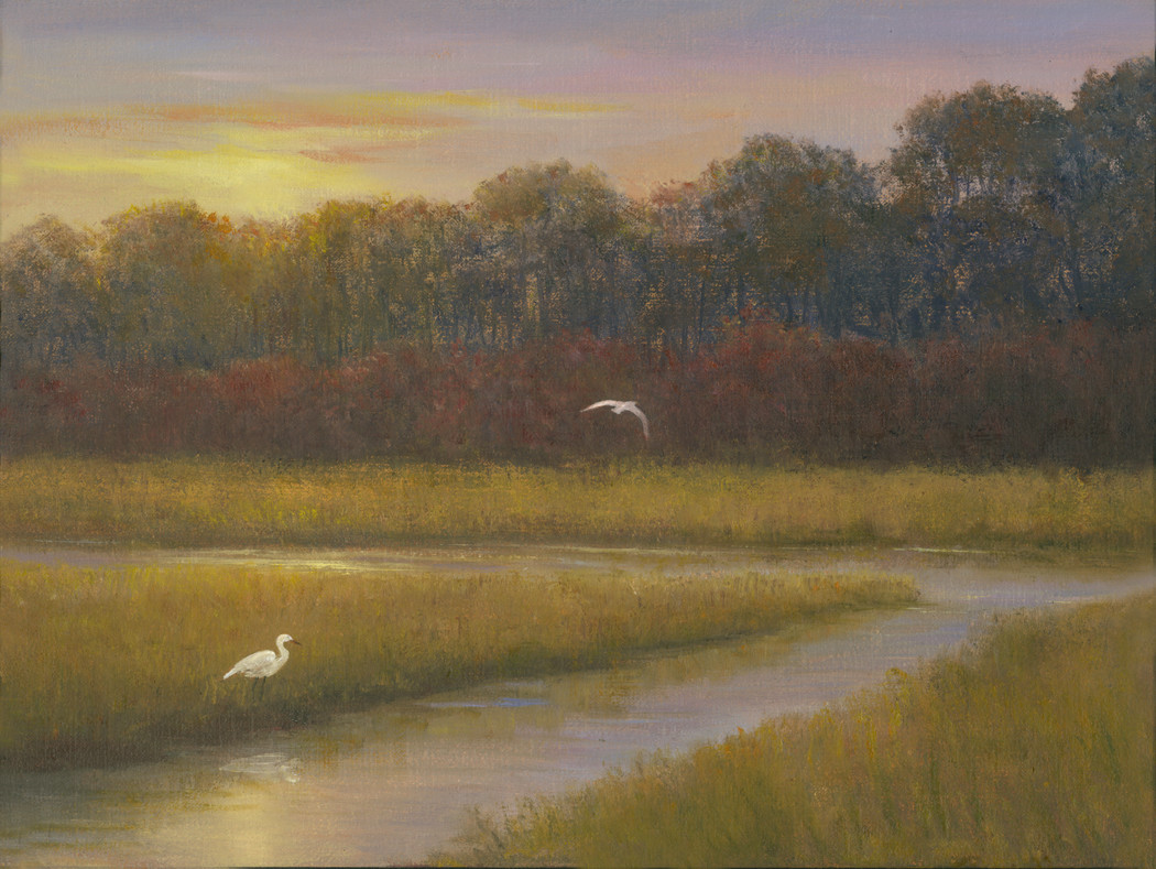Marsh at Sunset with Egrets by Tarryl Gabel 