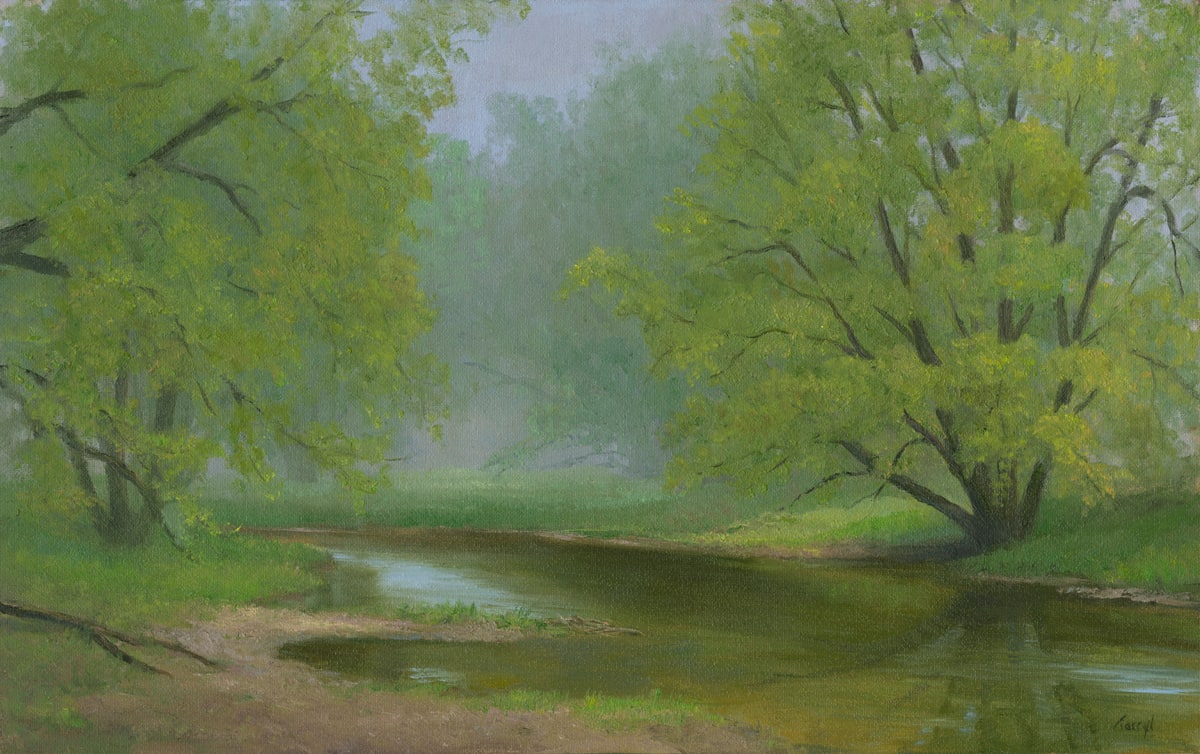 Morning drizzle, river scene 