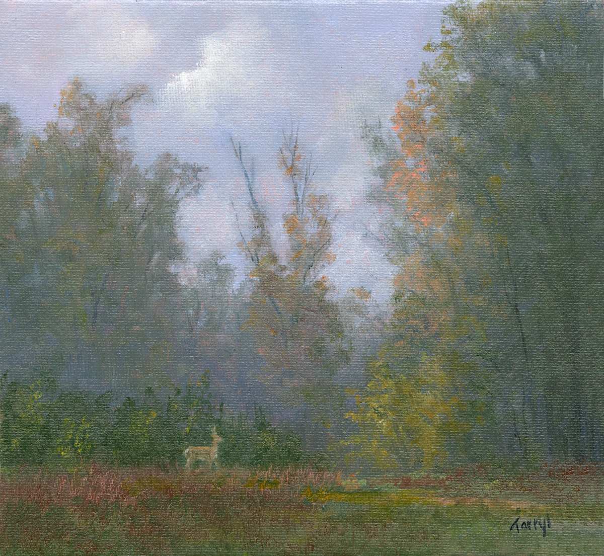 Misty fall morning with deer by Tarryl Gabel, Image 1.