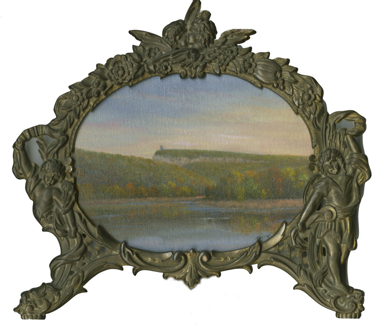 View from Duck pond, oval antique frame by Tarryl Gabel 