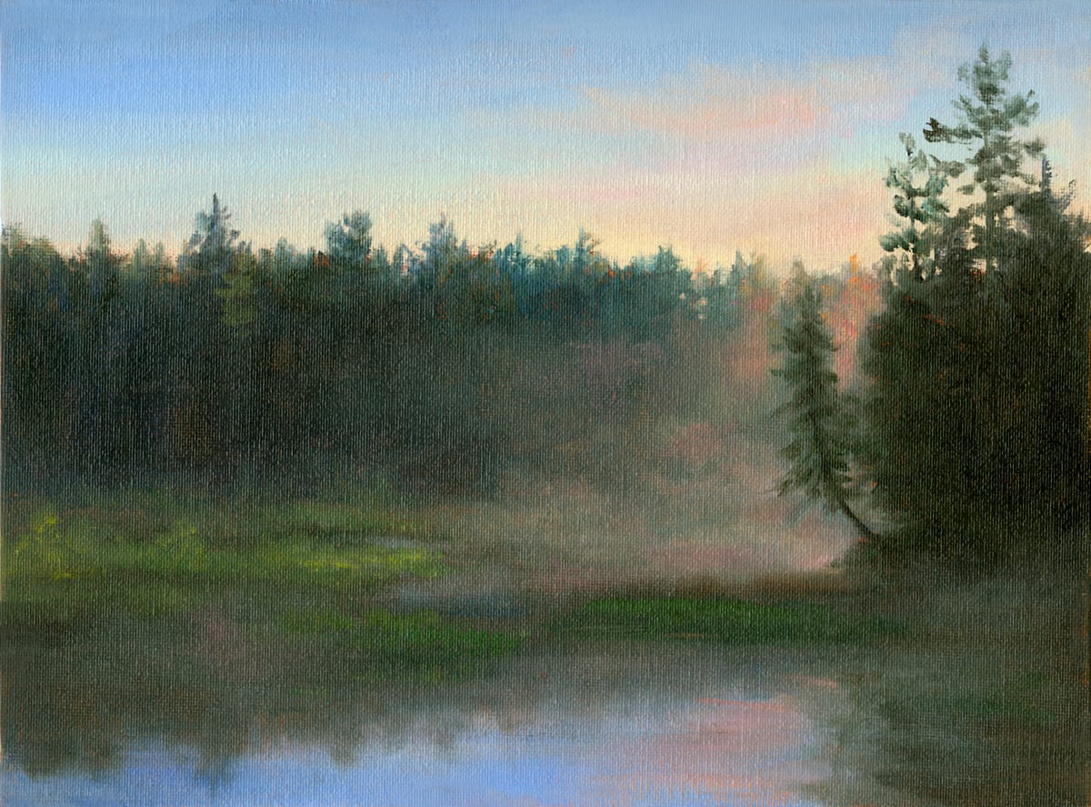 Pink Morning Mist, leaning tree by Tarryl Gabel, Image 1.