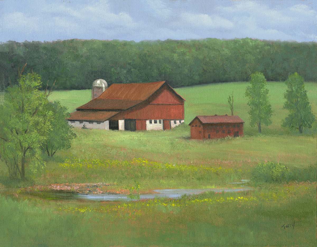 Red barns by the brook by Tarryl Gabel 