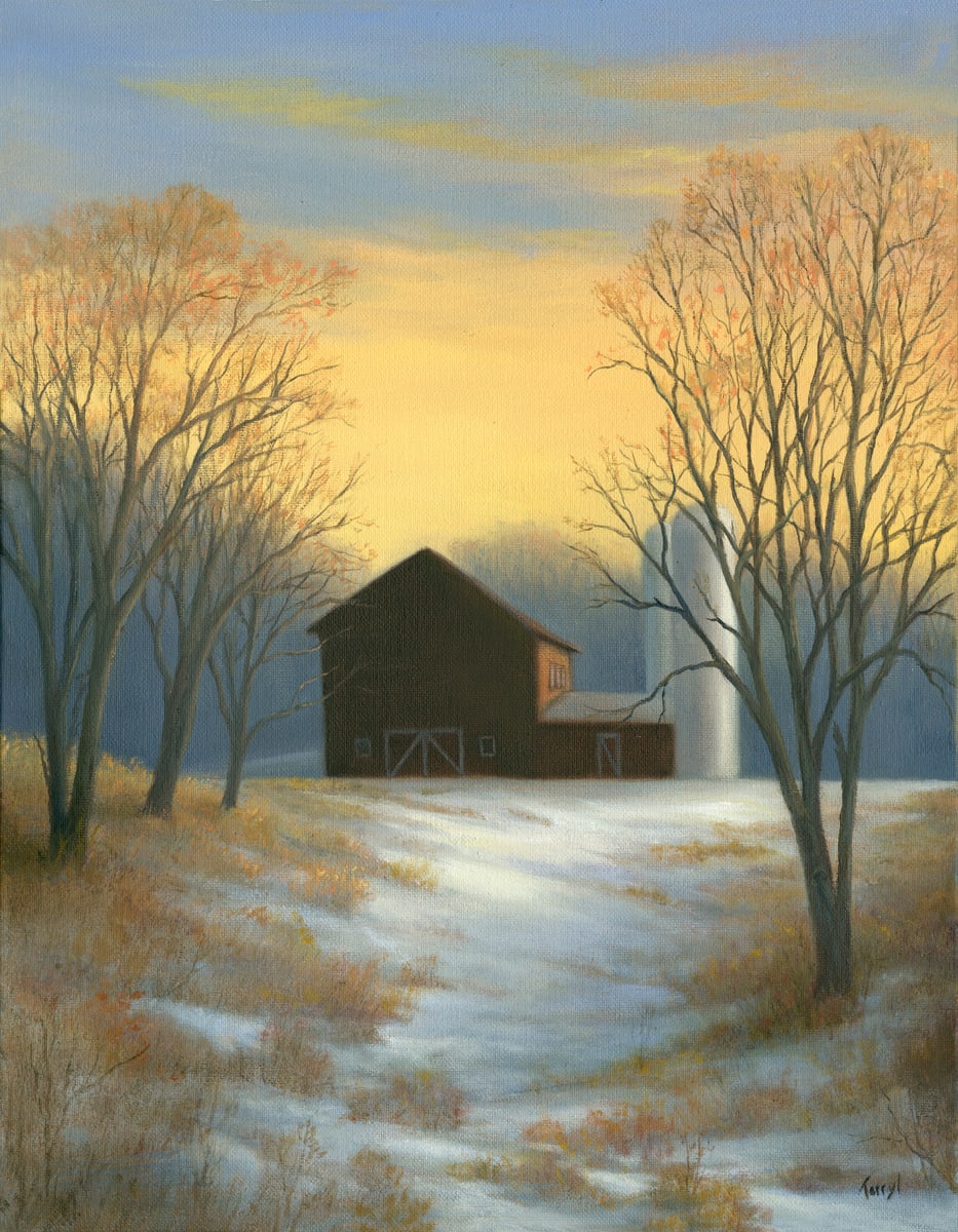 Red barn under a winter sunset, Image 1.