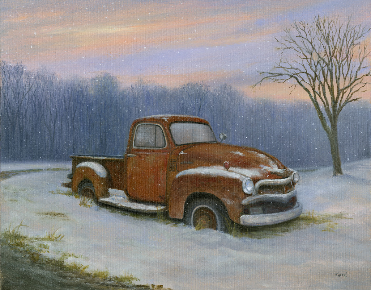 Red Chevy in the snow by Tarryl Gabel 