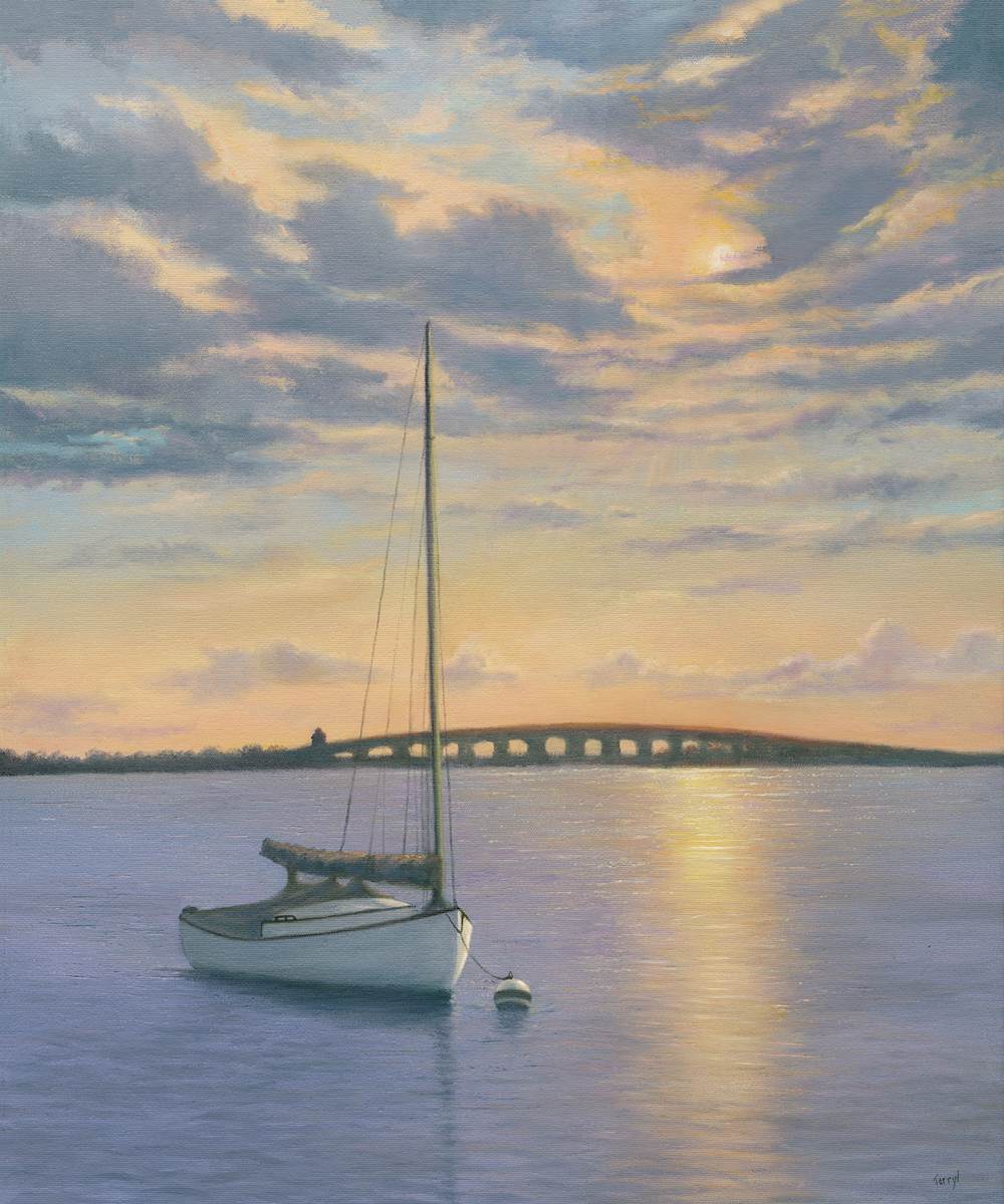Sailboat moored in the sunset, LBI by Tarryl Gabel 