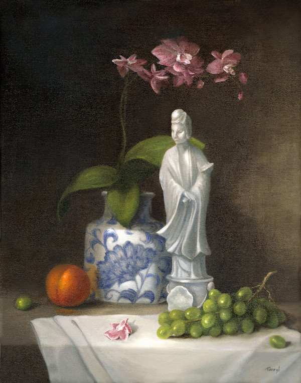 Orchid, Statue and Fruit by Tarryl Gabel 