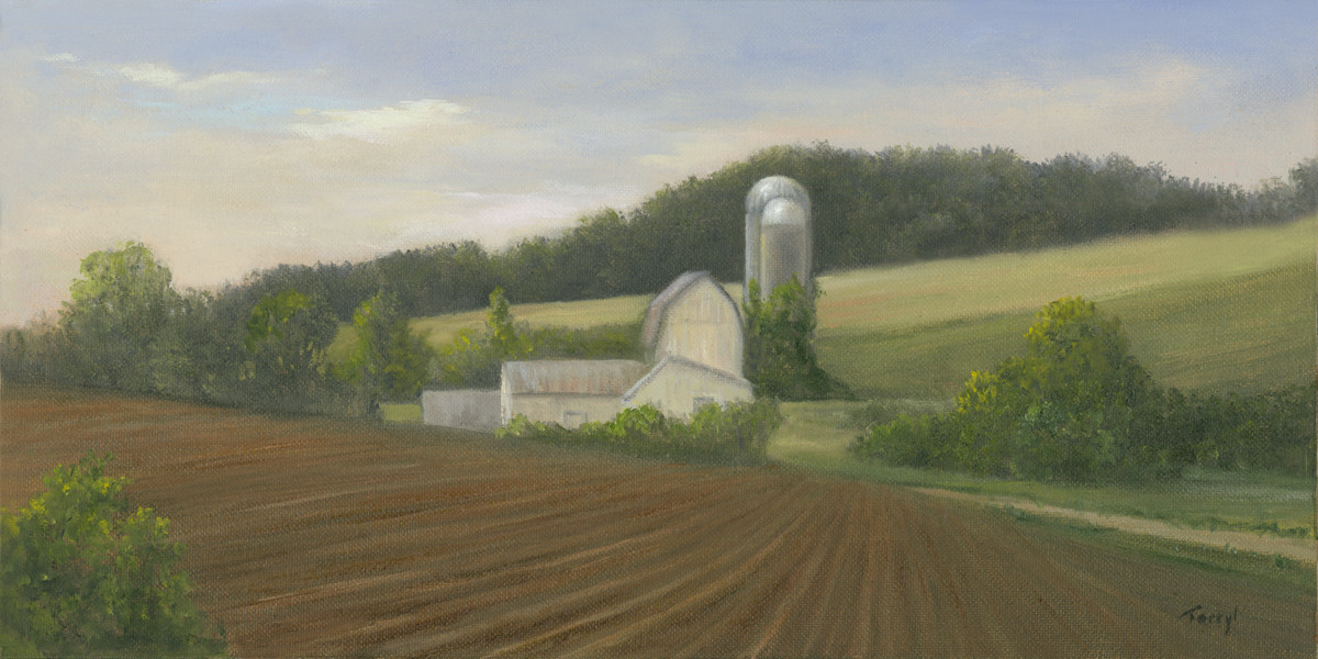 "Freshly plowed" with white barn and silos by Tarryl Gabel 