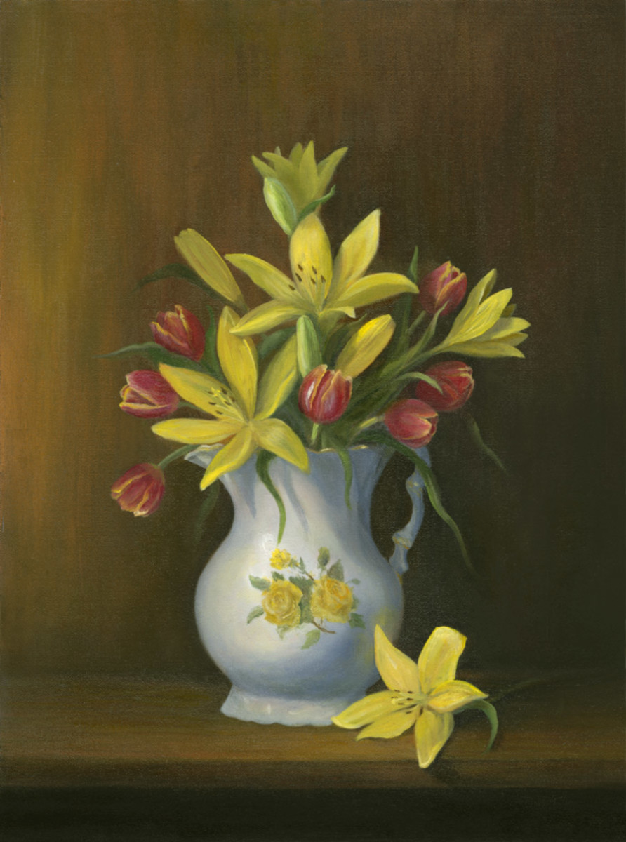 antique white pitcher with lilies and tulips by Tarryl Gabel 