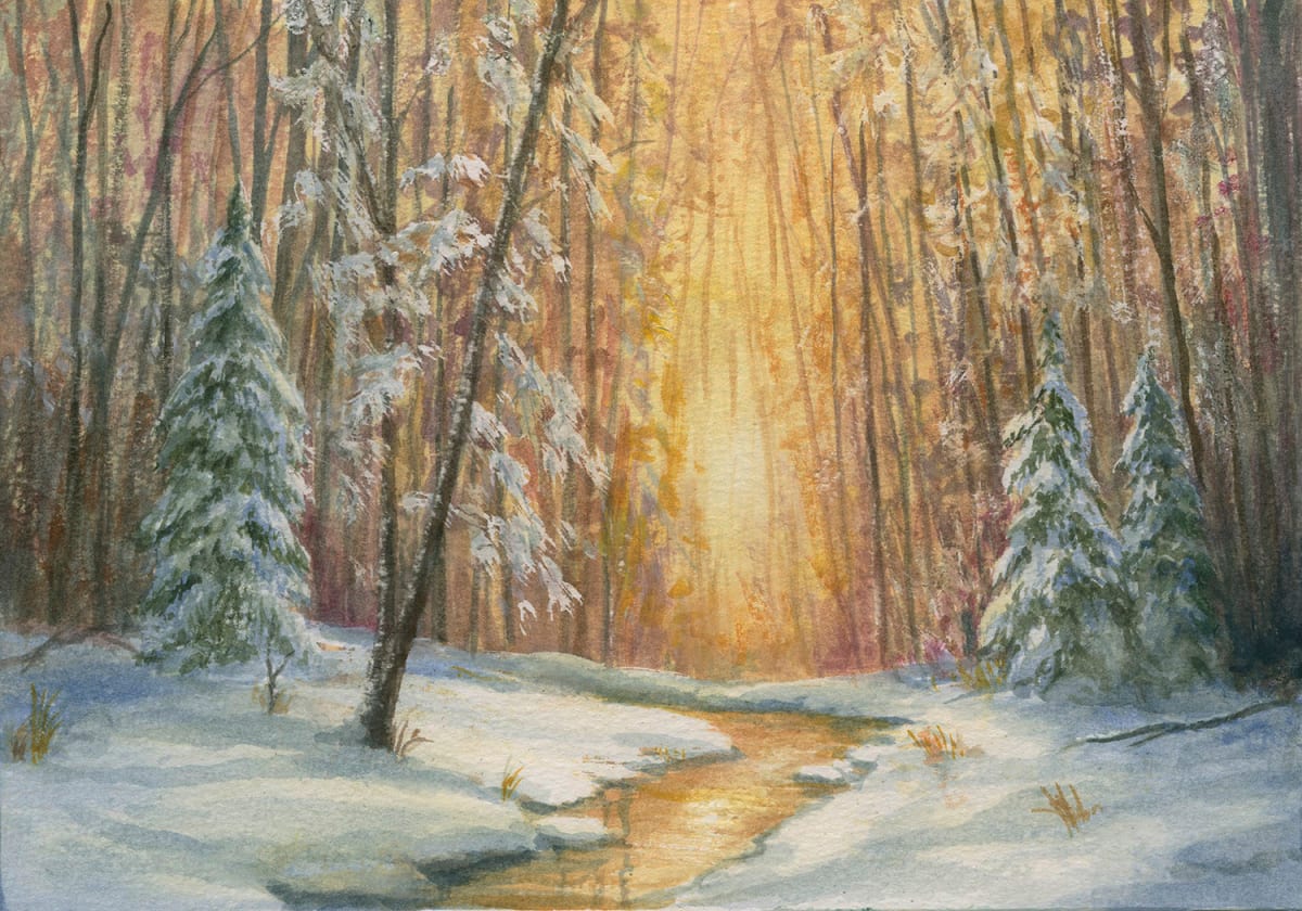 Winter sunset in Watercolor by Tarryl Gabel 