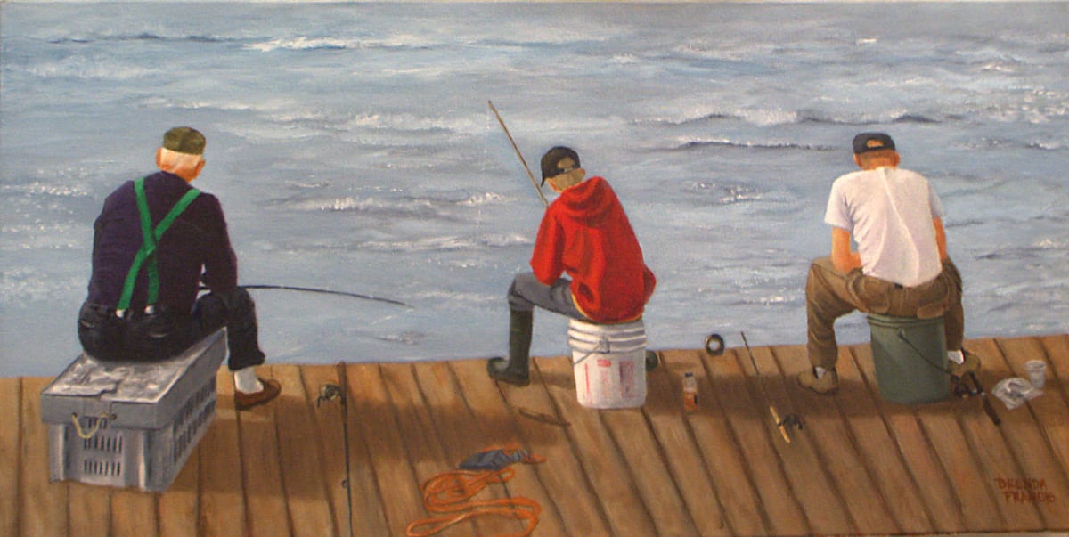 A FISH FAMILY by Brenda Francis  Image: Three generations fishing in Maine.  Won 2nd Place in the 2019 TSC Creativity in Oils & Acrylics Exhibit, Tallahassee, FL.
