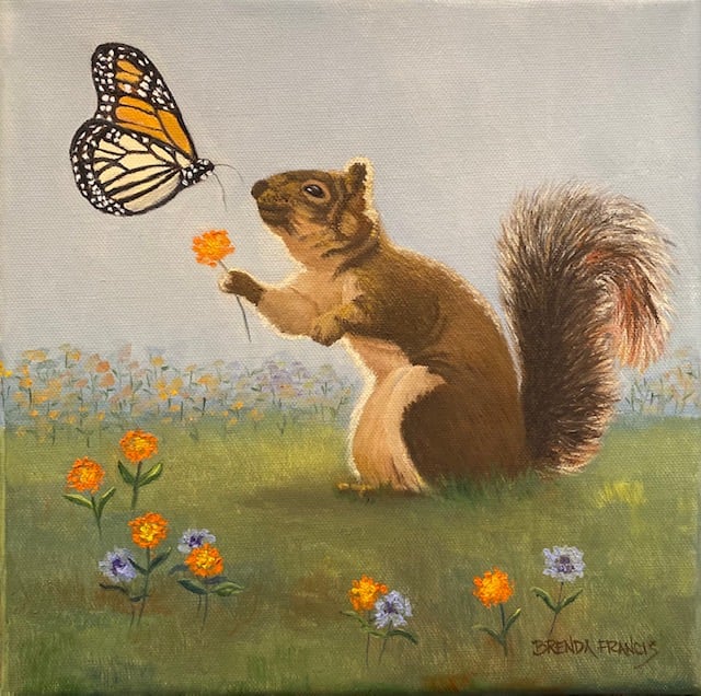 A SQUIRRREL AND A BUTTERFLY by Brenda Francis  Image: Painted for a charity event benefitting Johanna Francis Living Well, a women's cancer support organization.