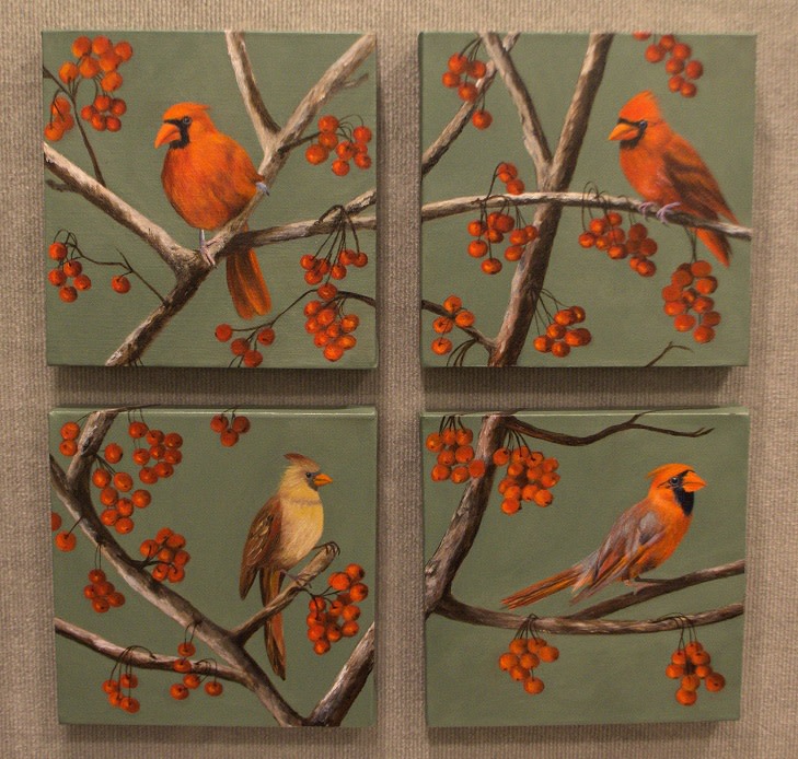 CARDINALS QUADRYPTIC by Brenda Francis  Image: Who doesn't love cardinals?  This is a quadryptic:  four 10x10x1.5 " paintings that create the illusion of one painting.