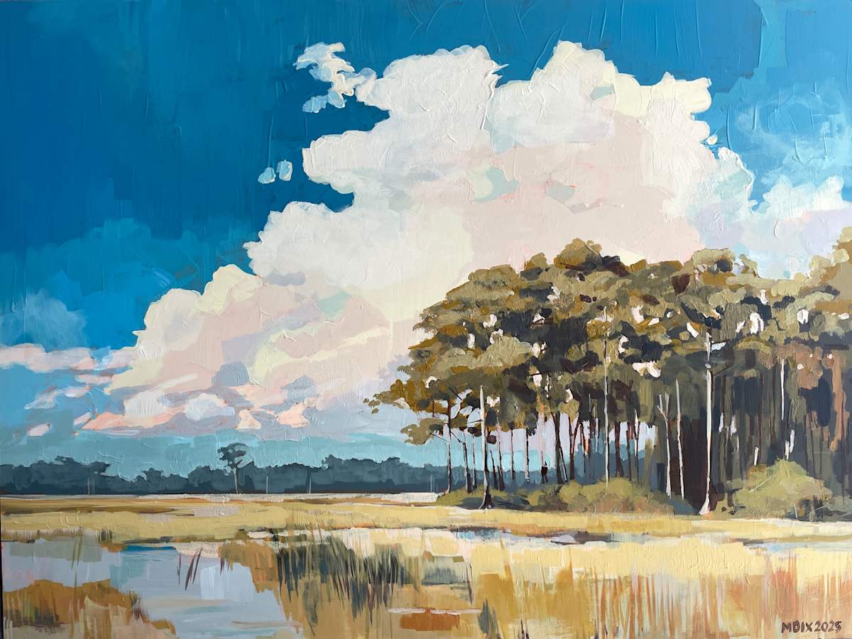 Cypresses & Summer Clouds by Monica Dix  Image: A bright expanse of sky crowns the golden wetlands, where a stand of cypress trees rises in rhythmic, vertical lines. Thick, expressive brushstrokes and soft, luminous color capture the vibrant stillness of a Florida summer afternoon. Painted with a love for the Everglades' enduring beauty, this piece invites a moment of calm reflection and wonder.
