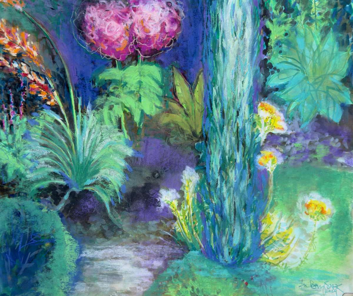 Night Garden 5, Juniper & Blooming Yucca by Denita Benyshek 