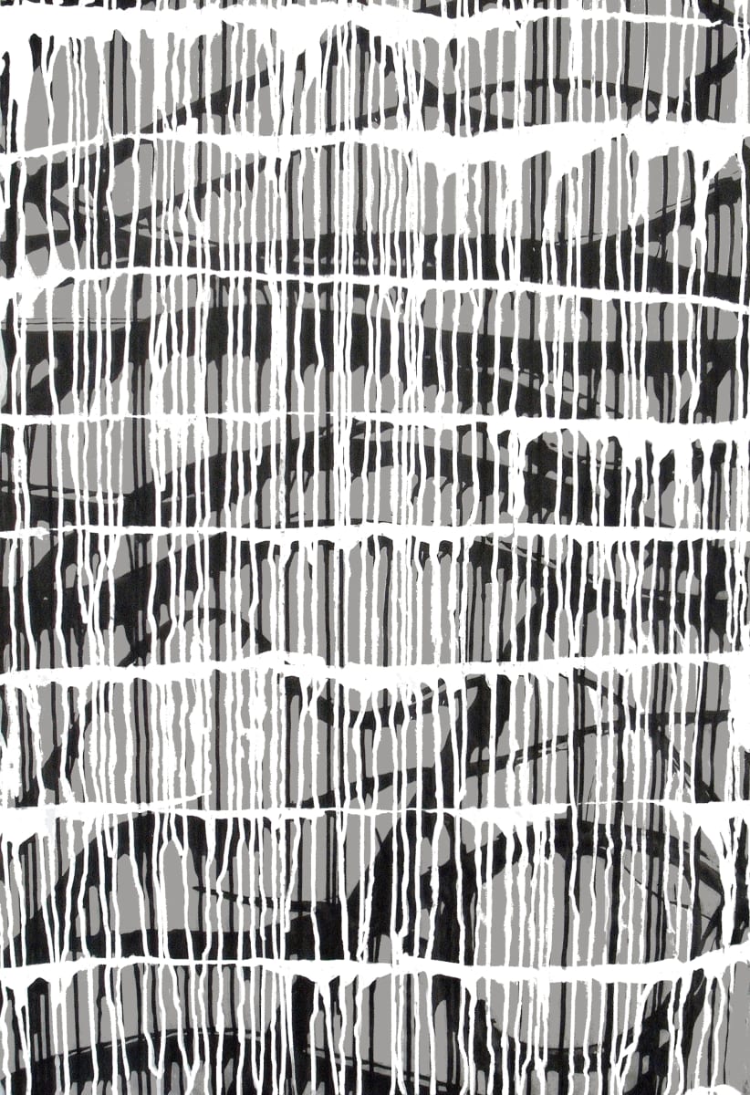 Shimmy Shimmy by Julia Rogers  Image: This Giclee print piece forces the eye to alter focus on the black and white lines. The optical illusion makes one think of net curtains, veils, something just out of reach, half seen.