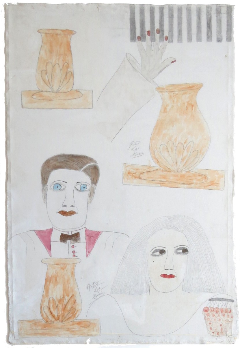 Man Women & Piano Hand with Three Vases by Lee Godie 