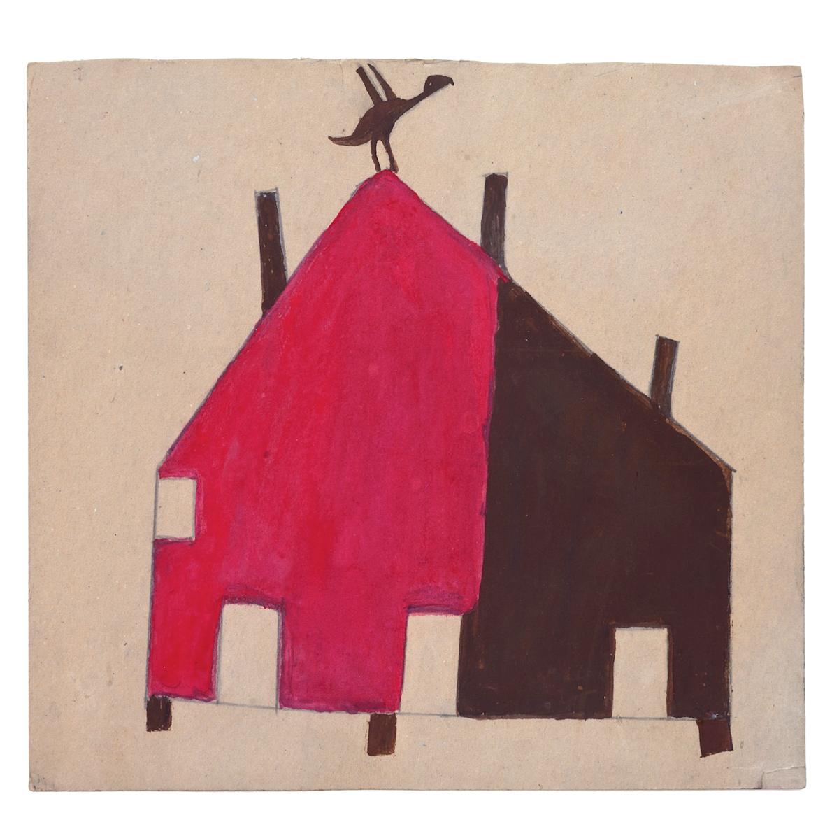 Brown & Red House with Bird by Bill Traylor, Image 1.