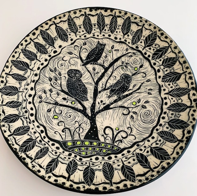 Large Platter - Woodcut Owls by Patricia Griffin 